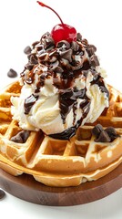 Chocolate chip waffles with a scoop of vanilla ice cream, melted chocolate, and a cherry on top, decadent treat, isolated on white