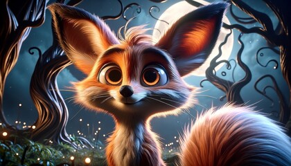 Close-up of a whimsical, animated fox with oversized, playful ears and a fluffy tail, set in a forest clearing under a full moon.