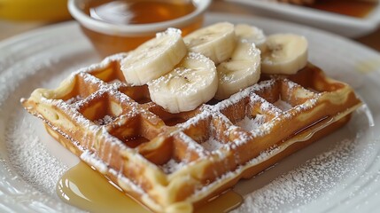 Classic waffles with a dusting of powdered sugar, accompanied by sliced bananas and a side of honey, appetizing and fresh, white backdrop - Powered by Adobe