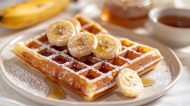 Classic waffles with a dusting of powdered sugar, accompanied by sliced bananas and a side of honey, appetizing and fresh, white backdrop