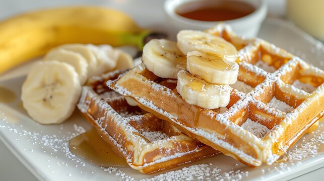 Classic waffles with a dusting of powdered sugar, accompanied by sliced bananas and a side of honey, appetizing and fresh, white backdrop