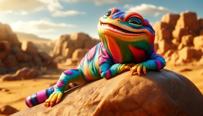 Close-up of a colorful desert lizard sunbathing on a warm rock in a whimsical, animated style.