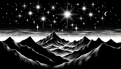 Illustration in black and white line art style depicting stars shimmering above mountains.