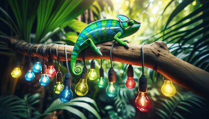 A bright green chameleon perched on a wooden branch in a tropical setting, with small colorful light bulbs dangling below.