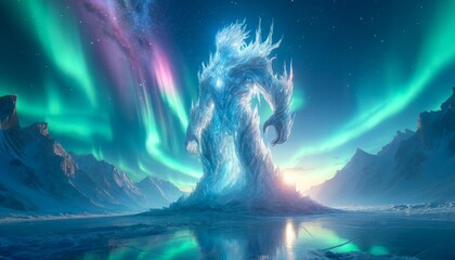 A towering ice elemental in a frozen wasteland under an aurora sky.
