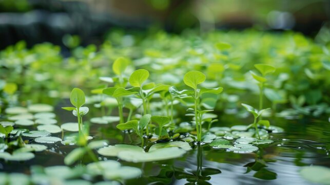 A bunch of green plants are floating in a pond