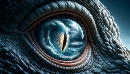 A detailed close-up of the eye of a sea monster, reflecting a tumultuous ocean scene within its iris, under a stormy sky.