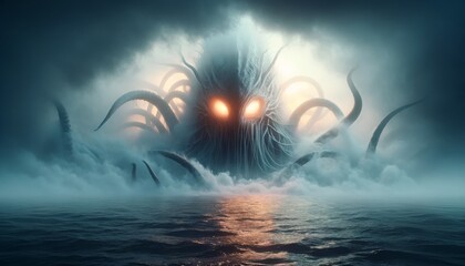 A massive sea creature with glowing eyes emerging from a foggy ocean at dusk.