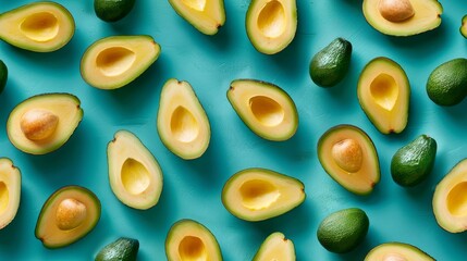 Artistic close-up of whole and sliced avocados creating a unique pattern on a soothing pastel yellow background, isolated with studio lights