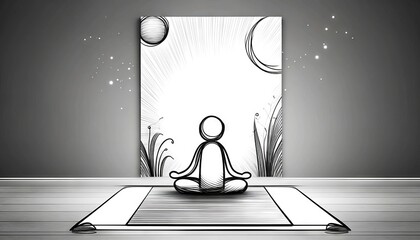 A minimalist black and white drawing of a character sitting cross-legged on a yoga mat, in a meditative pose with a peaceful, abstract background.