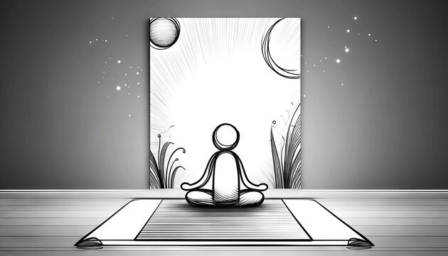 A minimalist black and white drawing of a character sitting cross-legged on a yoga mat, in a meditative pose with a peaceful, abstract background.