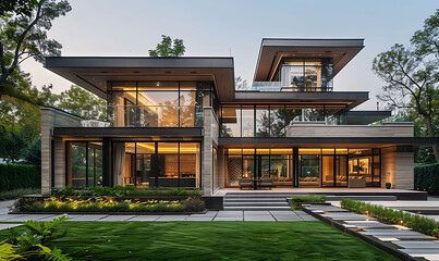 Fototapeta premium Photo from the front Showing the villa's stunning facade, featuring a modern cubic structure, floor-to-ceiling glass walls and a beautifully landscaped front yard