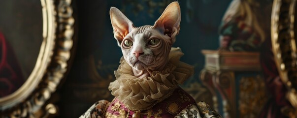 Regal sphynx cat in vintage costume