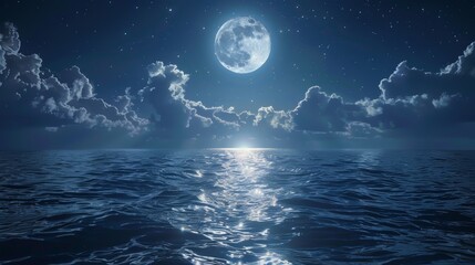 Artistic close-up of the moon shining brightly, creating a shimmering path across the ocean's night surface, framed by clouds