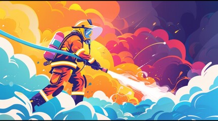 Watercolor style illustration of firefighter, pastel color background, digital art.