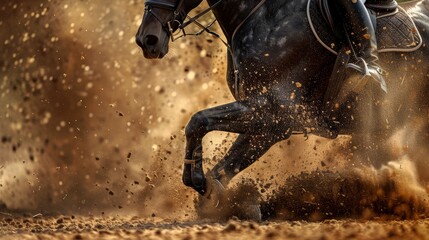 Fototapeta premium Artistic close-up of a shimmering black horse and its reins, kicking up dust in the arena as it moves gracefully under the rider