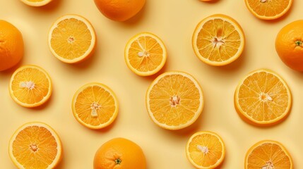 Fototapeta premium Artistic arrangement of orange slices and whole oranges, shot from above in a fun pattern, bright light orange background, studio lighting