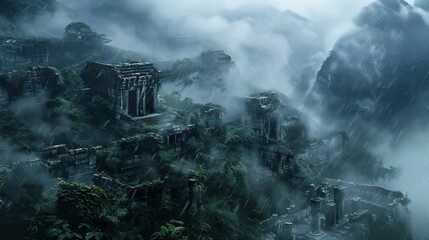 Ancient temples hidden in the mist on a mountain, with dense fog enveloping overgrown paths through the forgotten ruins