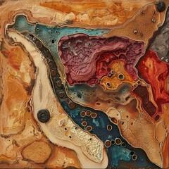 Anatomical cross-section of a human liver depicting the progression of damage and scarring due to a parasitic infection, using a blend of natural and enhanced colors to show tissue depth and density