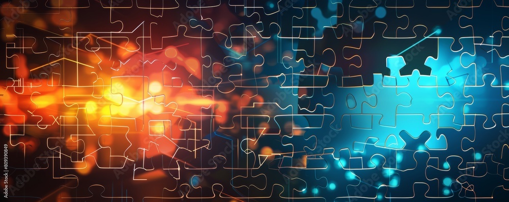 Poster digital image depicting a jigsaw puzzle with pieces connecting, symbolizing solution and teamwork