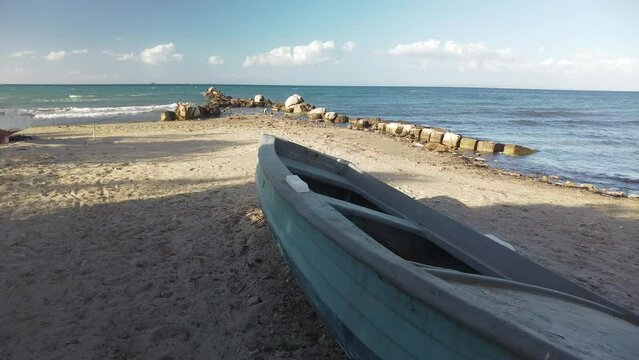 wooden boats on the beach of Argassi in Zakynthos