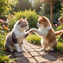 Naklejka na ściany i meble A cute couple of furry friends little cat and a mischievous little dog, are playing together in the garden on a beautiful sunny day, Friendship of pet ...
