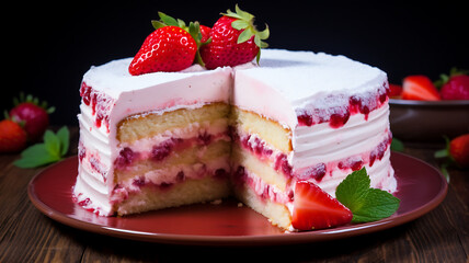 Strawberry cake with whipped cream and fresh strawberries on a wooden background