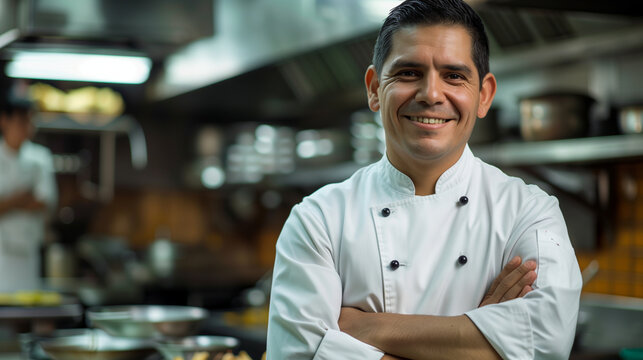 O chefe de cozinha cruza os braos em sua cozinha com sua dolm&atilde; em segundo a cozinha do seu restaurante