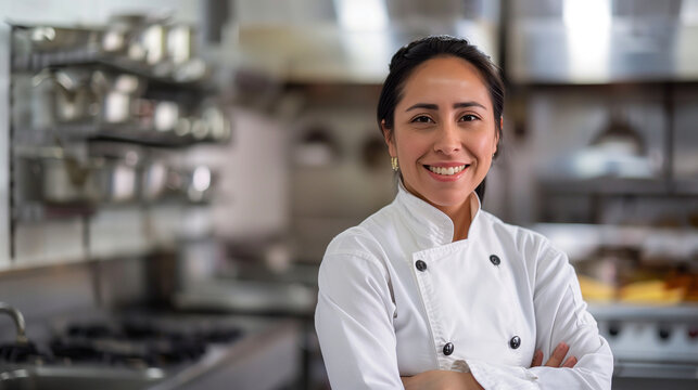 O chefe de cozinha cruza os braos em sua cozinha com sua dolm&atilde; em segundo a cozinha do seu restau