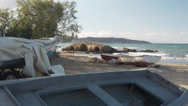 wooden boats on the beach of Argassi in Zakynthos