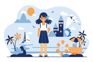 Obraz premium A cheerful girl stands on a beach with iconic scenery and tropical elements