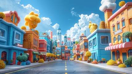 A cartoon city street with buildings and a smiling sun