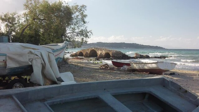 wooden boats on the beach of Argassi in Zakynthos