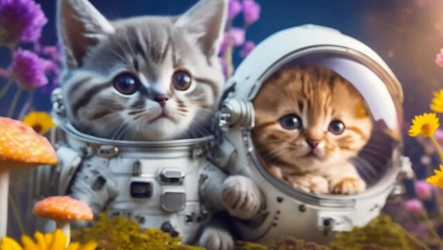 Two adorable kittens suit up as astronauts, ready to embark on a cosmic adventure. Surrounded by vibrant flowers, mushrooms, and space helmet terrariums.