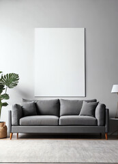 blank copy space poster mockup on grey wall living room with sofa