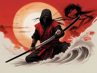 ink art piece, utilizing black and red ink to create a captivating profile of a ninja assassin