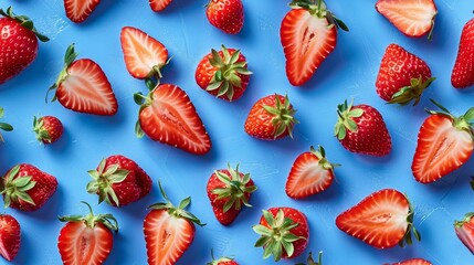 Close-up, artistic shot of strawberry slices and whole berries, making a creative pattern on a bright Stream Blue Calm background