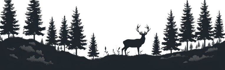 Wild Deer and Fir Trees in Silhouette: Camping Wildlife Landscape Vector for Logo
