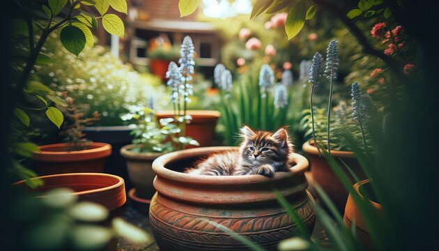 A kitten lounging in a large terracotta pot amidst a garden, with plants framing the shot.