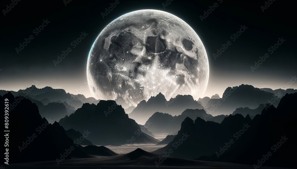 Wall mural a dramatic close-up of a full moon rising over rugged desert mountains.