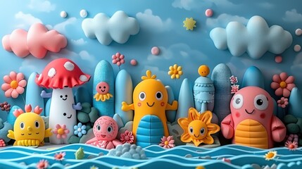 Obraz premium A colorful scene of various sea creatures, including a mushroom, a crab