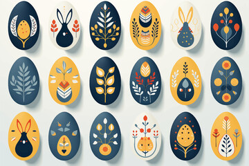 Set of colorful flat design doodle Happy Easter Eggs vector illustrations of bunnies, rabbits icons, decorated with flowers