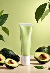 green blank unlabeled cream tube standing mockup with avocado decoration