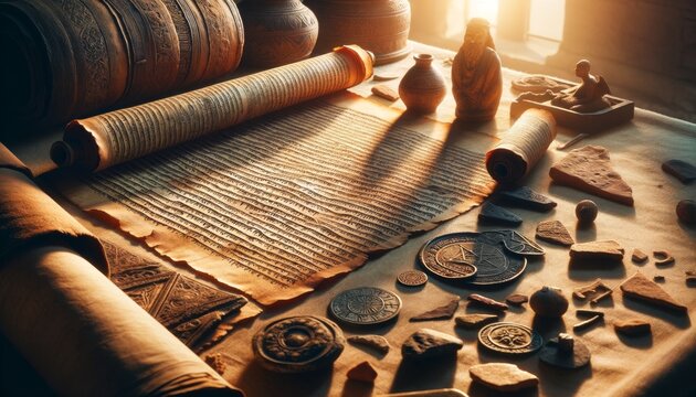 A detailed close-up of an ancient scroll unrolled next to historical artifacts, illuminated by the gentle light of the setting or rising sun.