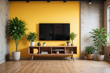 Living room led tv on yellow wall with wooden table and plant in pot modern loft style