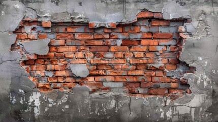 Old brick wall with a cracked hole, grunge texture, brickwork, red bricks and gray cement background.