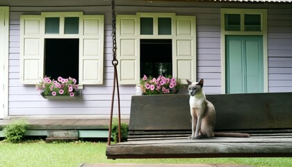 A serene cat sitting on an old wooden porch swing, hanging in front of a pastel-painted wooden house. - Powered by Adobe