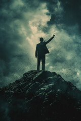 Obraz premium Silhouetted Man on Summit Pointing Toward Sky Amidst Stormy Clouds, Symbolizing Hope, Leadership, and Vision in Challenging Times, Dramatic and Inspirational Scene - AI generated