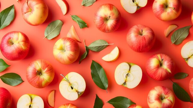 Bright close-up of apples and slices arranged in a whimsical pattern, bright orange backdrop with a tiled, isolated style