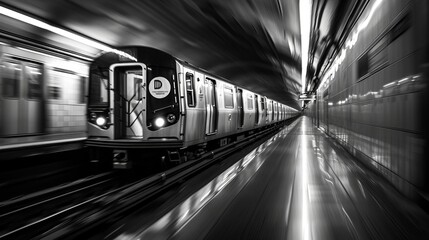 Black-and-white image of a subway train in motion blur, zooming through a station, close-up shot
